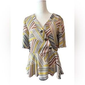 M luxology yellow abstract faux wrap peplum top wood buttons boho shirt retro